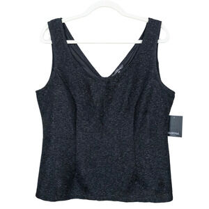 MARINA Black Shimmer Tank Top Crinkle Textured Formal Separates Women's Large